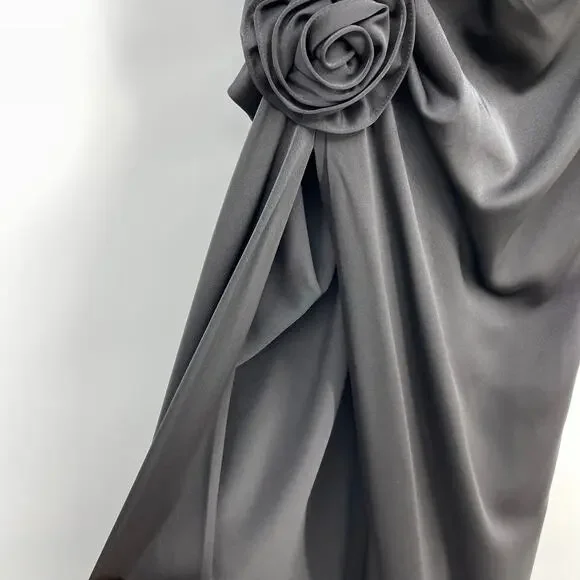 NBDNWT Jake Gown in Black Satin Strapless Corset Maxi Dress Rosette XS